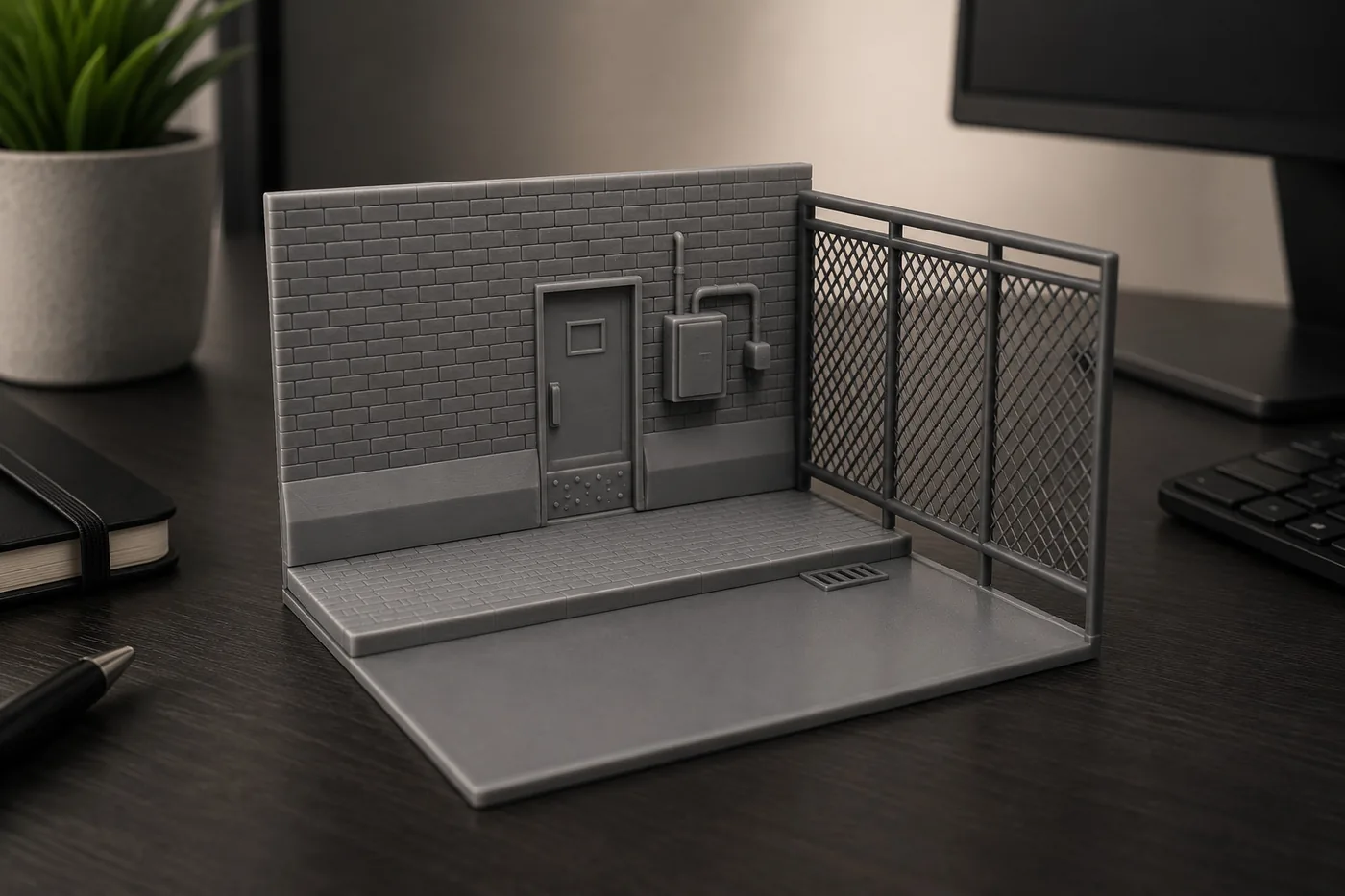 1/64 scale alley diorama with brick wall, door, and chain-link fence
