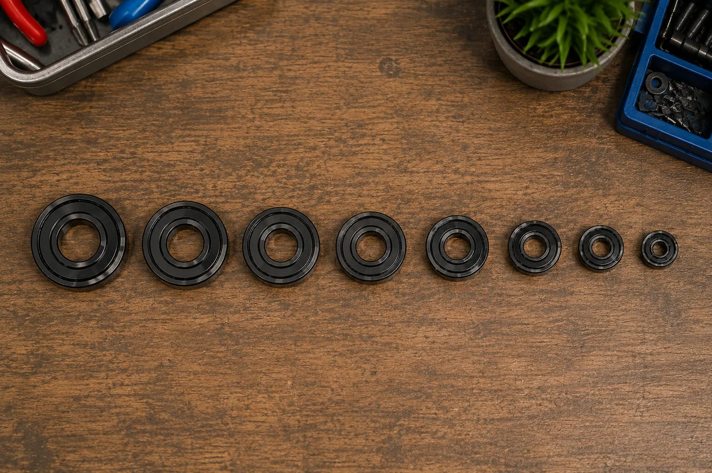 Graduated set of eight precision bearings from large to small