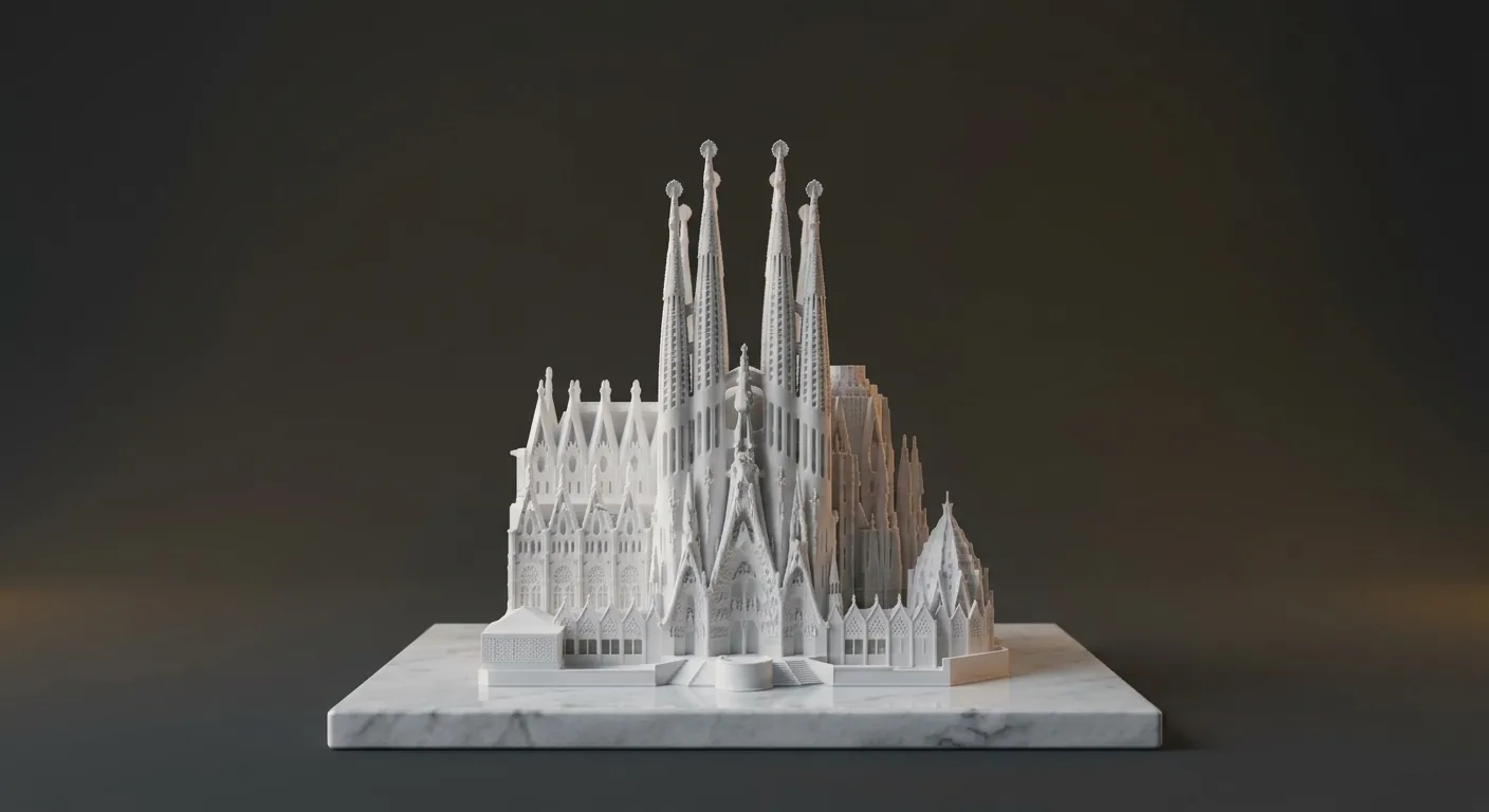 White 3D printed cathedral model with tall spires on a marble base