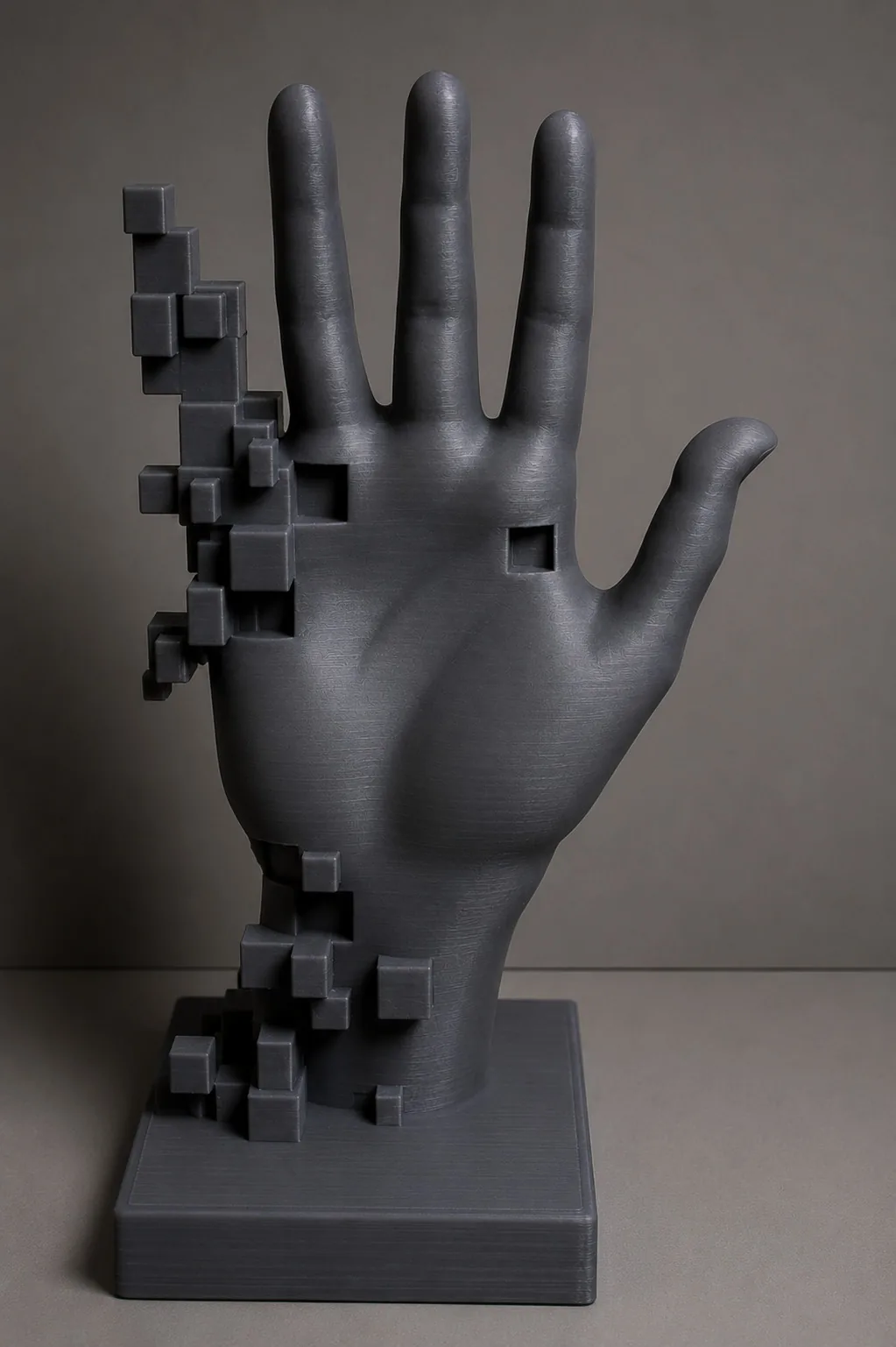 Sculpture of a hand dissolving into pixel blocks