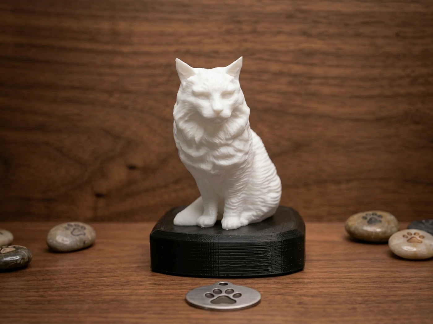 Custom 3D printed memorial sculpture of a long-haired cat, finished in white