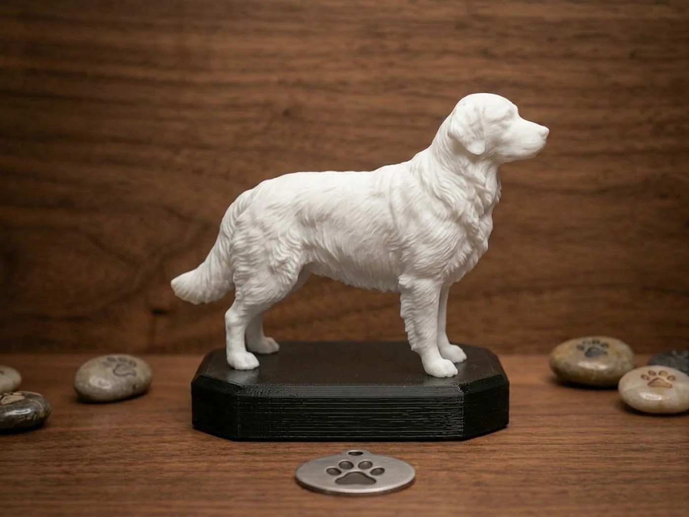 Custom 3D printed memorial sculpture of a Golden Retriever, finished in white