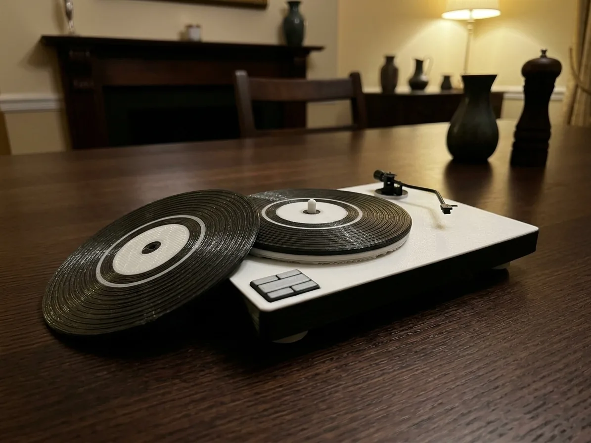 3D printed miniature turntable coaster holder with two black vinyl record coasters on a wooden dining table
