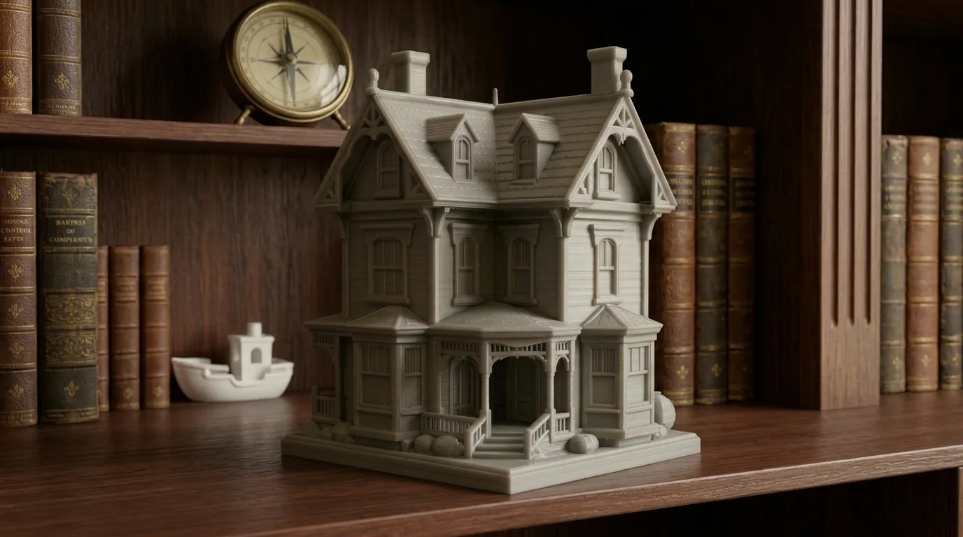 Detailed 3D printed replica of a Victorian family home with dormers, bay windows, and a front porch
