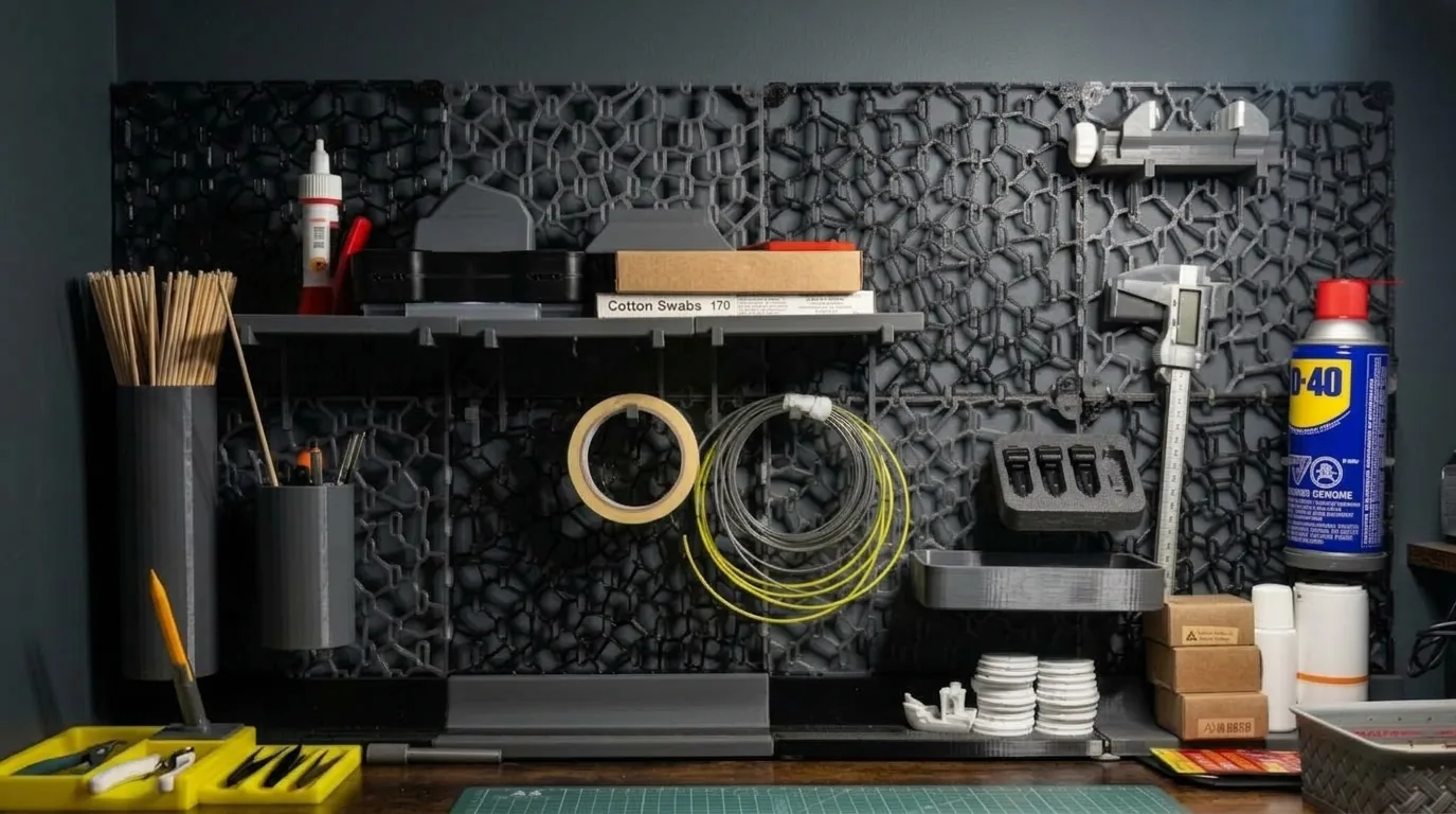 Modular 3D printed lattice wall board holding shelves, cups, hooks, and tool mounts